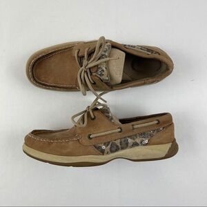 Sperry Top Sider Shoes Womens Size 8M Tan Leopard Sequins